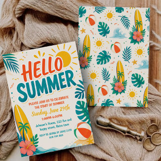 Retro Hallo Sommer Schulschluss Poolparty Einladung