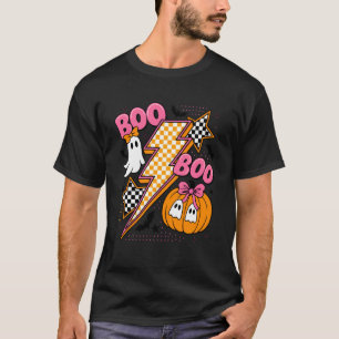 Retro-Halloween-Beleuchtung Schachbrett-Geist-Kürb T-Shirt