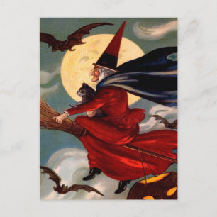 Retro-Halloween-Besen-Hexe-Postkarte Postkarte
