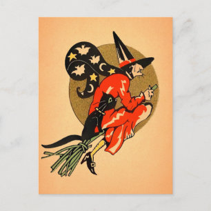 Retro-Halloween-Besen-Hexe-Postkarte Postkarte