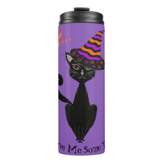 Retro Halloween Black Blasé Cat mit Hexenhut Thermosbecher (Vorderseite)