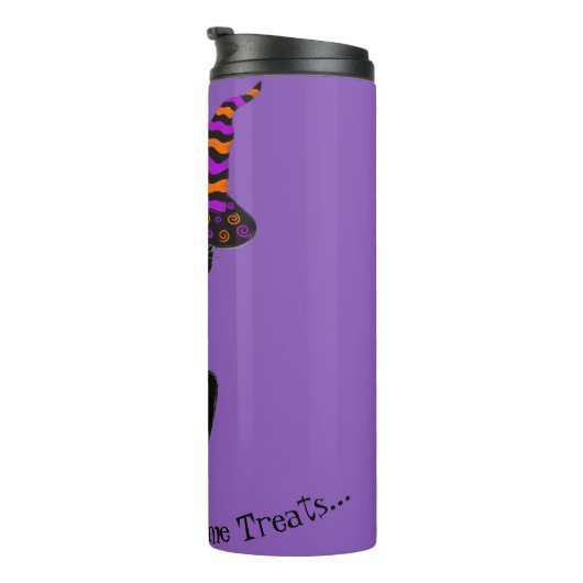 Retro Halloween Black Blasé Cat mit Hexenhut Thermosbecher (Nach rechts gedreht)