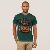 Retro Halloween Black Cat mit Pumpkin T-Shirt (Vorne ganz)