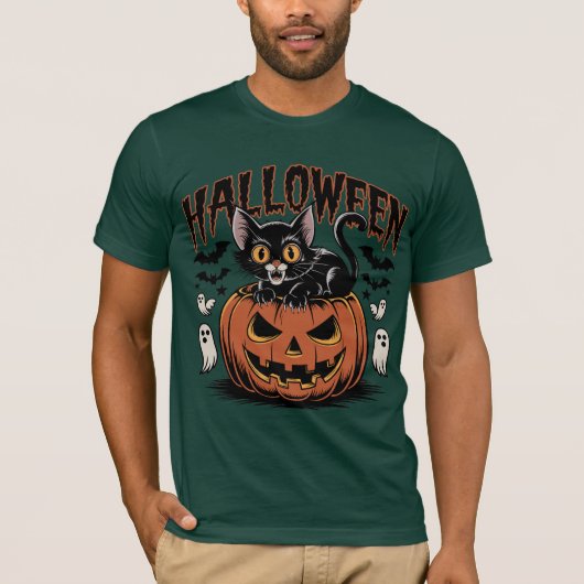 Retro Halloween Black Cat mit Pumpkin T-Shirt (Vorderseite)