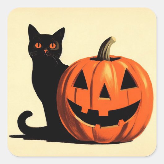 Retro Halloween Black Cat und Pumpkin Quadratischer Aufkleber (Vorderseite)