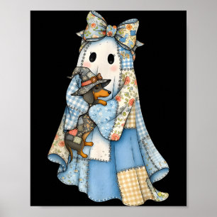 Retro Halloween Blaues Denim-Geist-Dachshund Lusti Poster