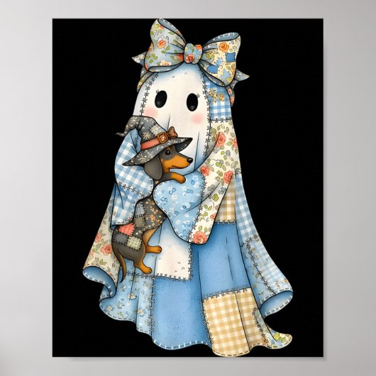 Retro Halloween Blue Denim Ghost Dachshund Funny  Poster (Vorne)