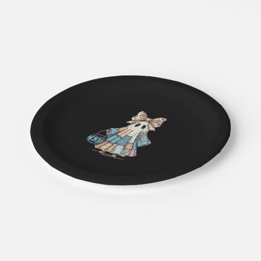 Retro Halloween Blue Denim Ghost Pappteller (Schrägansicht)