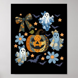 Retro Halloween Blue Denim Ghost Patchwork Spooky Poster