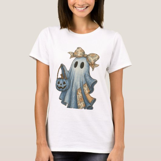 Retro Halloween Blue Denim Ghost Shirt (Vorderseite)