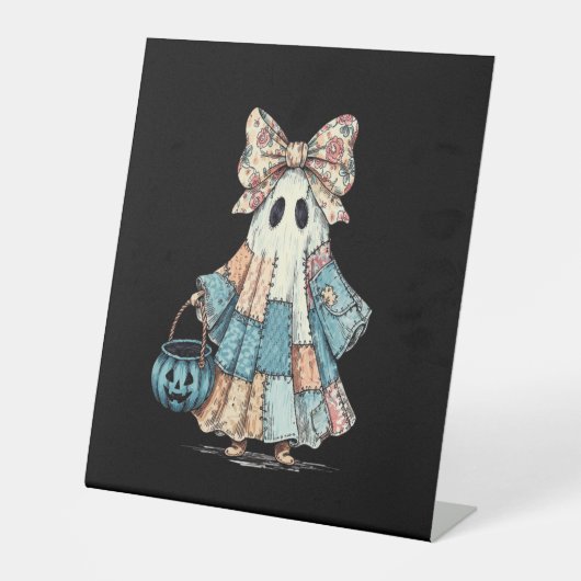 Retro Halloween Blue Denim Ghost Sockelschild (Vorderseite)