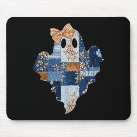 Retro Halloween Blue Denim Patchwork Ghost Boo Coq Mousepad (Vorne)