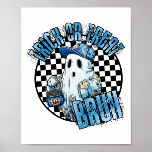 Retro Halloween Blue Denim Patchwork Spooky Ghost Poster