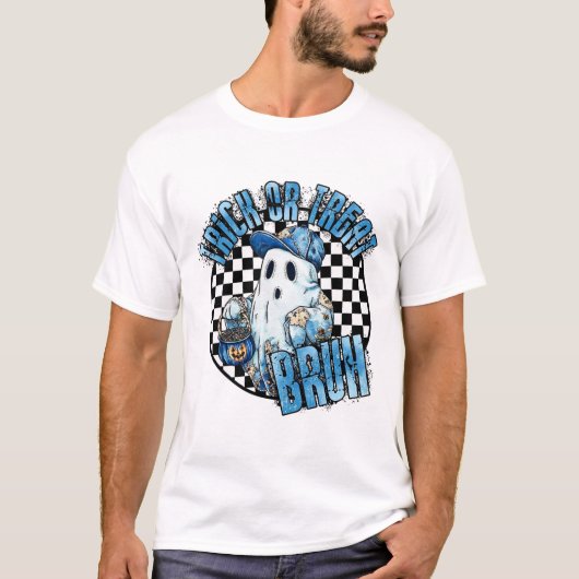 Retro Halloween Blue Denim Patchwork Spooky Ghost T-Shirt (Vorderseite)