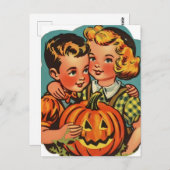 Retro Halloween Boy and Girl mit Jack-o-Lantern Postkarte (Vorne/Hinten)