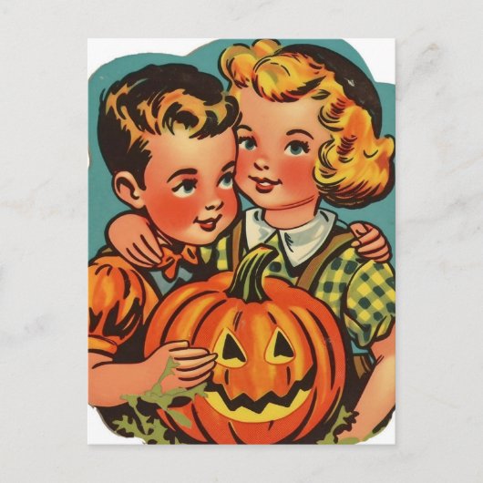 Retro Halloween Boy and Girl mit Jack-o-Lantern Postkarte (Vorderseite)