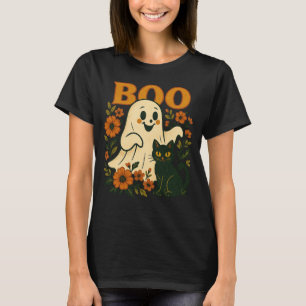 Retro Halloween Ghost & Black Cat   Vintag Boo Fl T-Shirt