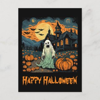 Retro Halloween Ghost Creepy Pumpkin Vollmond Postkarte