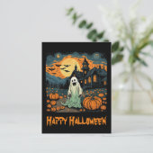 Retro Halloween Ghost Creepy Pumpkin Vollmond Postkarte (Stehend Vorderseite)