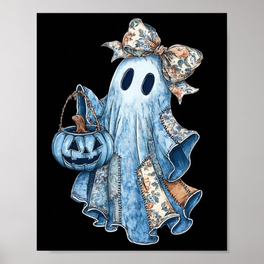 Retro Halloween Ghost Denim Muster Bow Männer Frau Poster (Vorne)