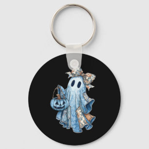 Retro Halloween Ghost Denim Muster Bow Männer Frau Schlüsselanhänger