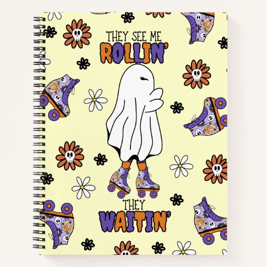 Retro Halloween Ghost mit Roller Blades lila Notizblock (Vorderseite)