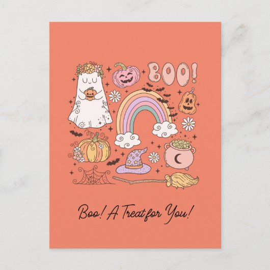 Retro Halloween Ghost Pumpkin Spider Web Hexenhut Postkarte (Vorderseite)