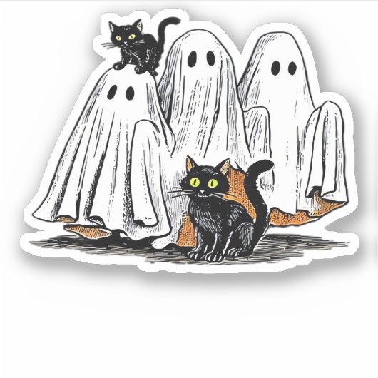 Retro Halloween Ghost und Kat Oversifizierter T - Aufkleber (Vorderseite)