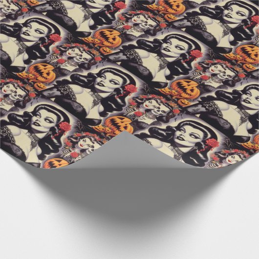 Retro Halloween Goth Button-Up Geschenkpapier (Ecke)