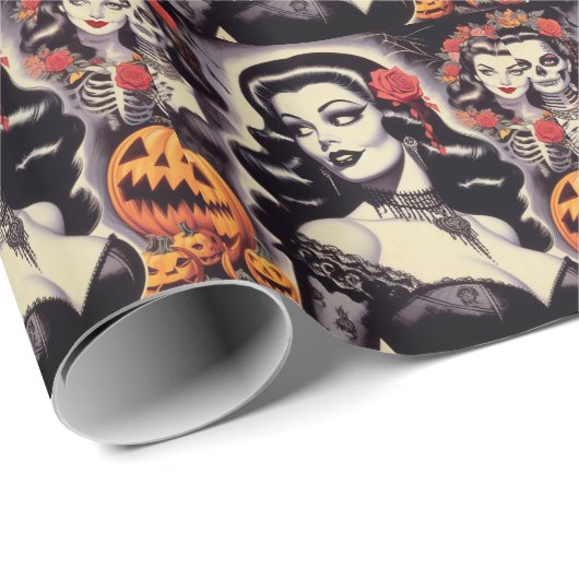 Retro Halloween Goth Button-Up Geschenkpapier (Rolleneckpunkt)