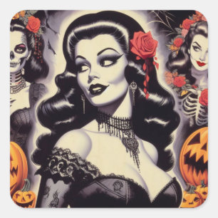Retro-Halloween-Goth-Pin-up Quadratischer Aufkleber