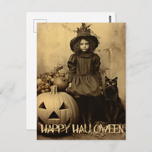 Retro Halloween gruseliges Mädchen mit schwarzer K Postkarte (Vorne/Hinten)