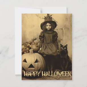 Retro-Halloween-Grüselmädchen mit schwarzer Katze Postkarte