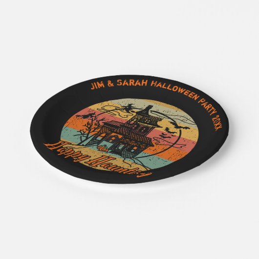 Retro Halloween Happy Haunting Spuk House Pappteller (Schrägansicht)