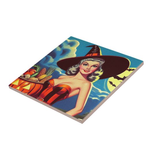 Retro-halloween Hexe-Button Fliese (Seite)