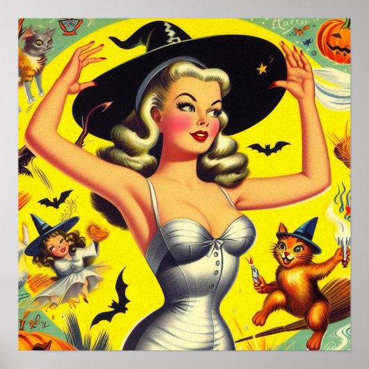 Retro Halloween Hexe-Button Poster (Vorne)