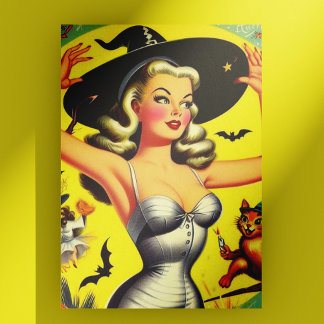 Retro Halloween Hexe-Button Postkarte