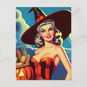 Retro-halloween Hexe-Button Postkarte