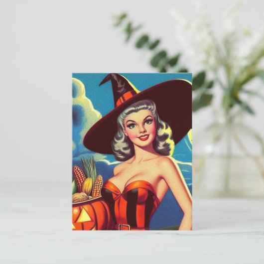 Retro-halloween Hexe-Button Postkarte (Stehend Vorderseite)