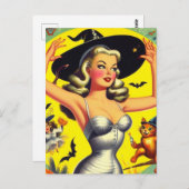 Retro Halloween Hexe-Button Postkarte (Vorne/Hinten)