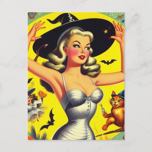 Retro Halloween Hexe-Button Postkarte (Vorderseite)