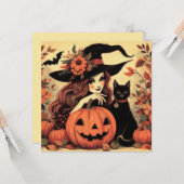 Retro Halloween Hexe mit katzenloser Grußkarte Karte (Vorderseite/Rückseite Beispiel)