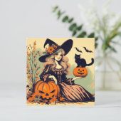 Retro Halloween Hexe mit Schwarzer Katze und Kürbi Karte (Stehend Vorderseite)