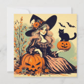 Retro Halloween Hexe mit Schwarzer Katze und Kürbi Karte (Vorderseite)