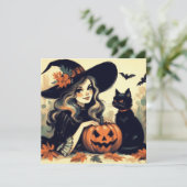 Retro Halloween Hexe mit Schwarzer Katze und Kürbi Karte (Stehend Vorderseite)