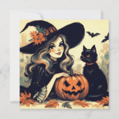 Retro Halloween Hexe mit Schwarzer Katze und Kürbi Karte (Vorderseite)