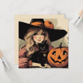 Retro Halloween Hexe mit Schwarzer Katze und Kürbi Karte (Vorderseite/Rückseite Beispiel)