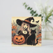 Retro Halloween Hexe mit Schwarzer Katze und Kürbi Karte (Stehend Vorderseite)