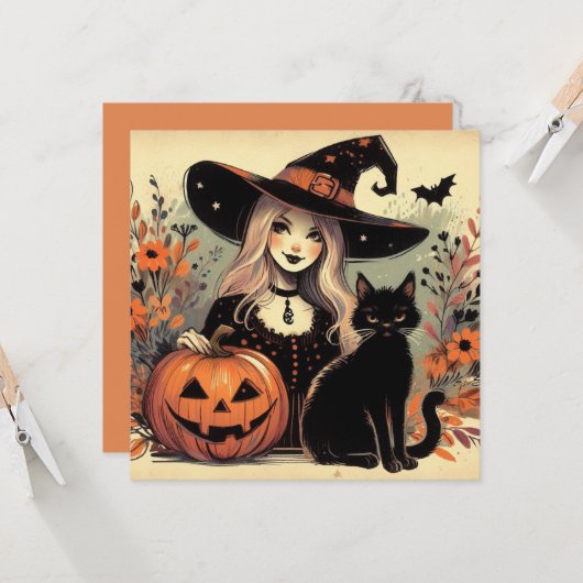 Retro Halloween Hexe mit Schwarzer Katze und Kürbi Karte (Vorderseite/Rückseite Beispiel)