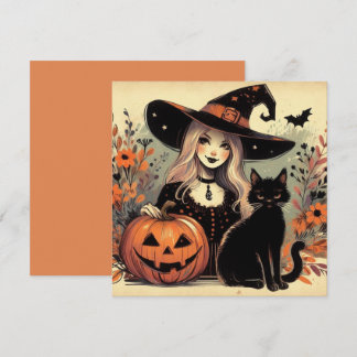 Retro Halloween Hexe mit Schwarzer Katze und Kürbi Karte